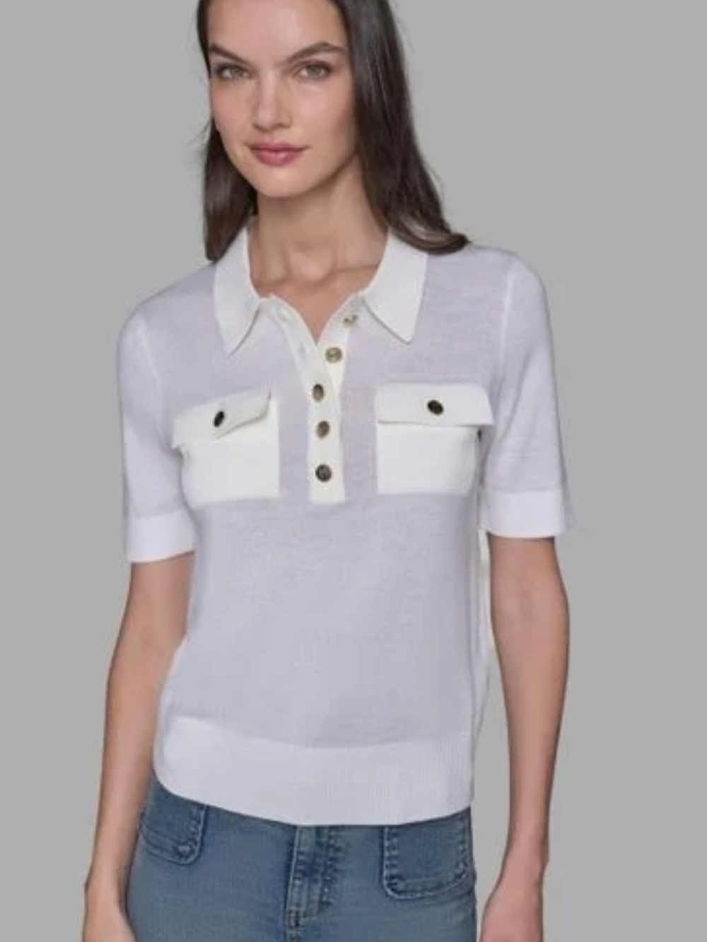Karl Lagerfeld White Short-Sleeve Button-Front Polo Knit Top NWT